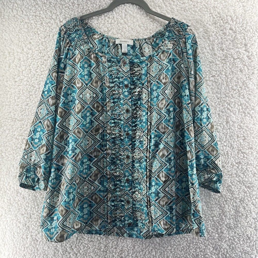 Dressbarn Women's Blouse Size Large Y2K 90s Vintage Button Up Blue Square Neck